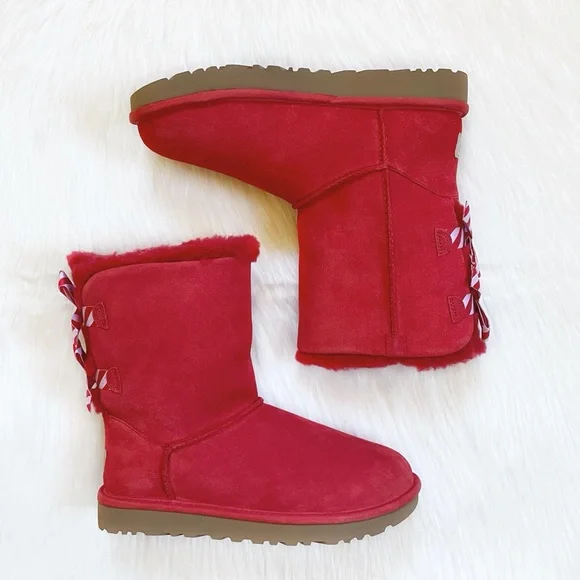 UGG Bailey Bow Diagonal Stripes Poppy Red Boots - Picture 6 of 8